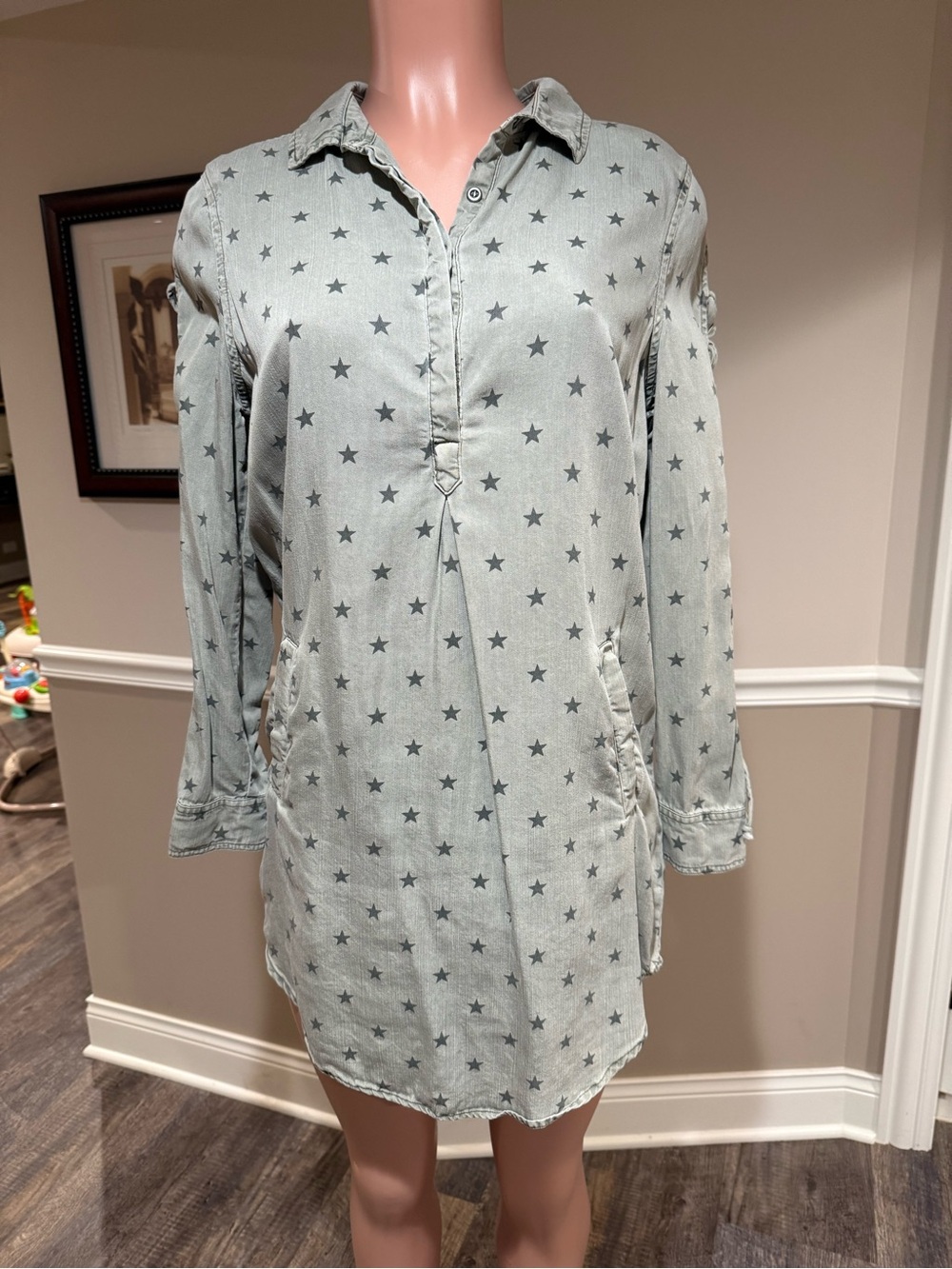 Star Print Long Sleeve Shirt Dress - Light Blue
